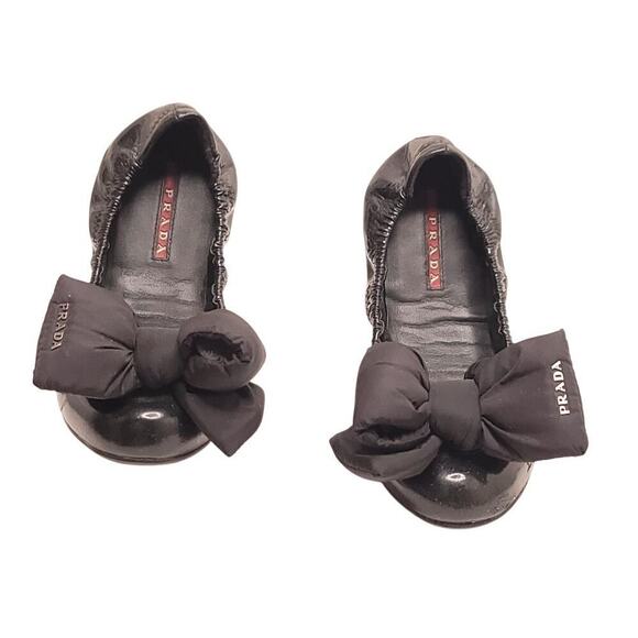 Prada Sport Black Patent Leather Nylon Bow Detail Scrunch Ballet Flat Size 36.5 - Picture 2 of 10
